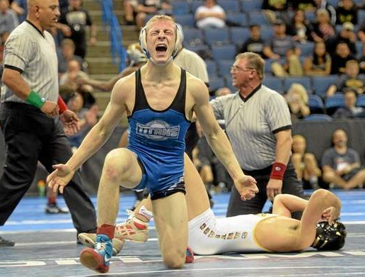 Zander Wick, from San Marino, celebrates after defeating Corona Santiago's Jeremy Thomas during their 145 pound match Saturda at the CIF-SS Master Meet at Citizens Business Bank Arena in Ontario February 28, 2015. (Will Lester/Staff Photographer) 