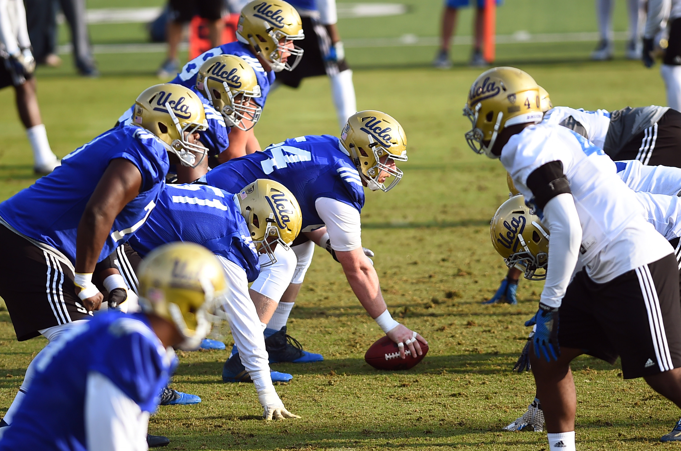 UCLA's offensive line during spring football practice at Spaulding Field on April 23, 2015. (Andy Holzman/Staff)