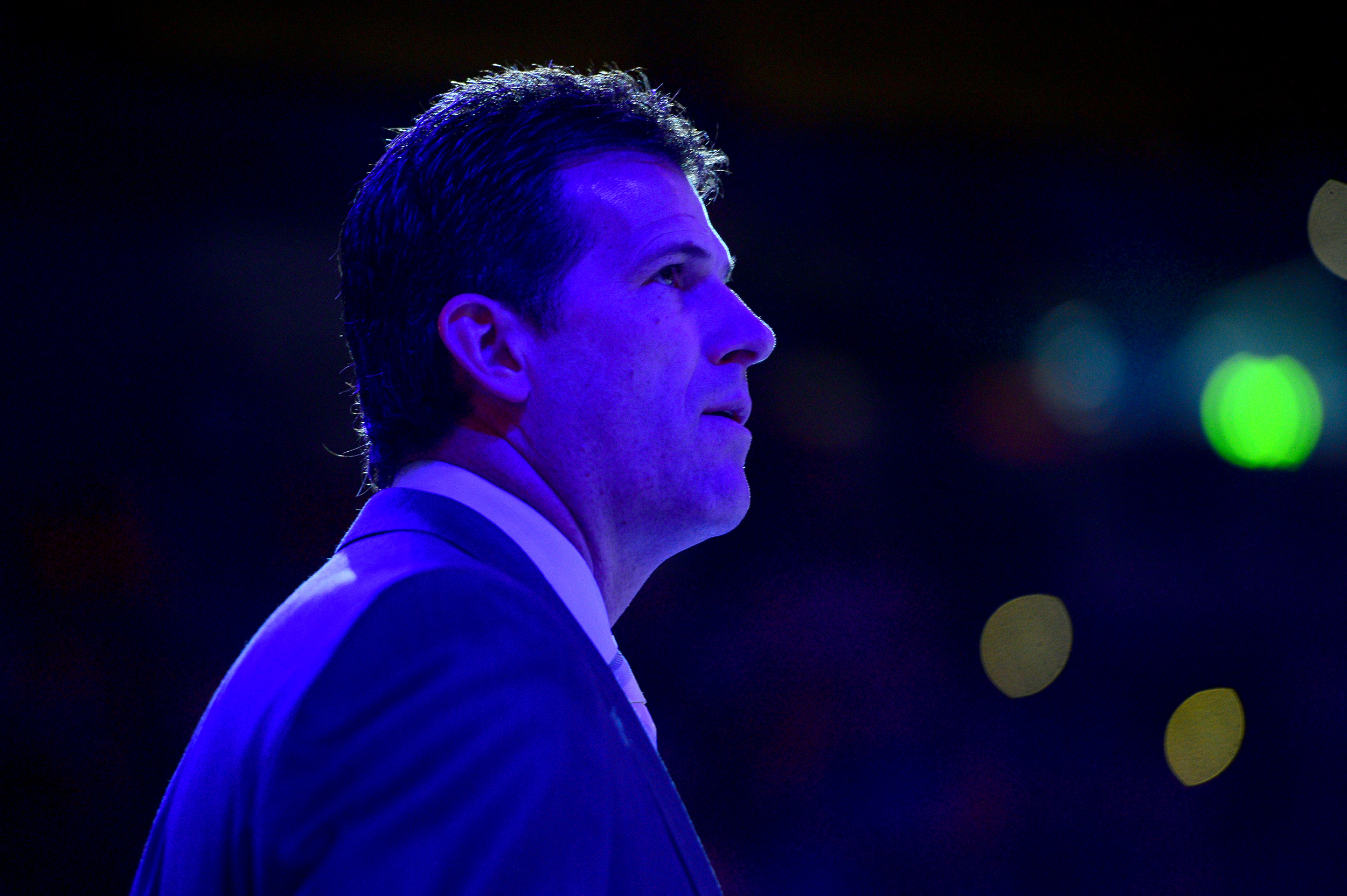 UCLA head coach Steve Alford stands during the introductions before the Bruins' 72-63 win over Oregon on Feb.14, 2015. (Michael Owen Baker/Staff)