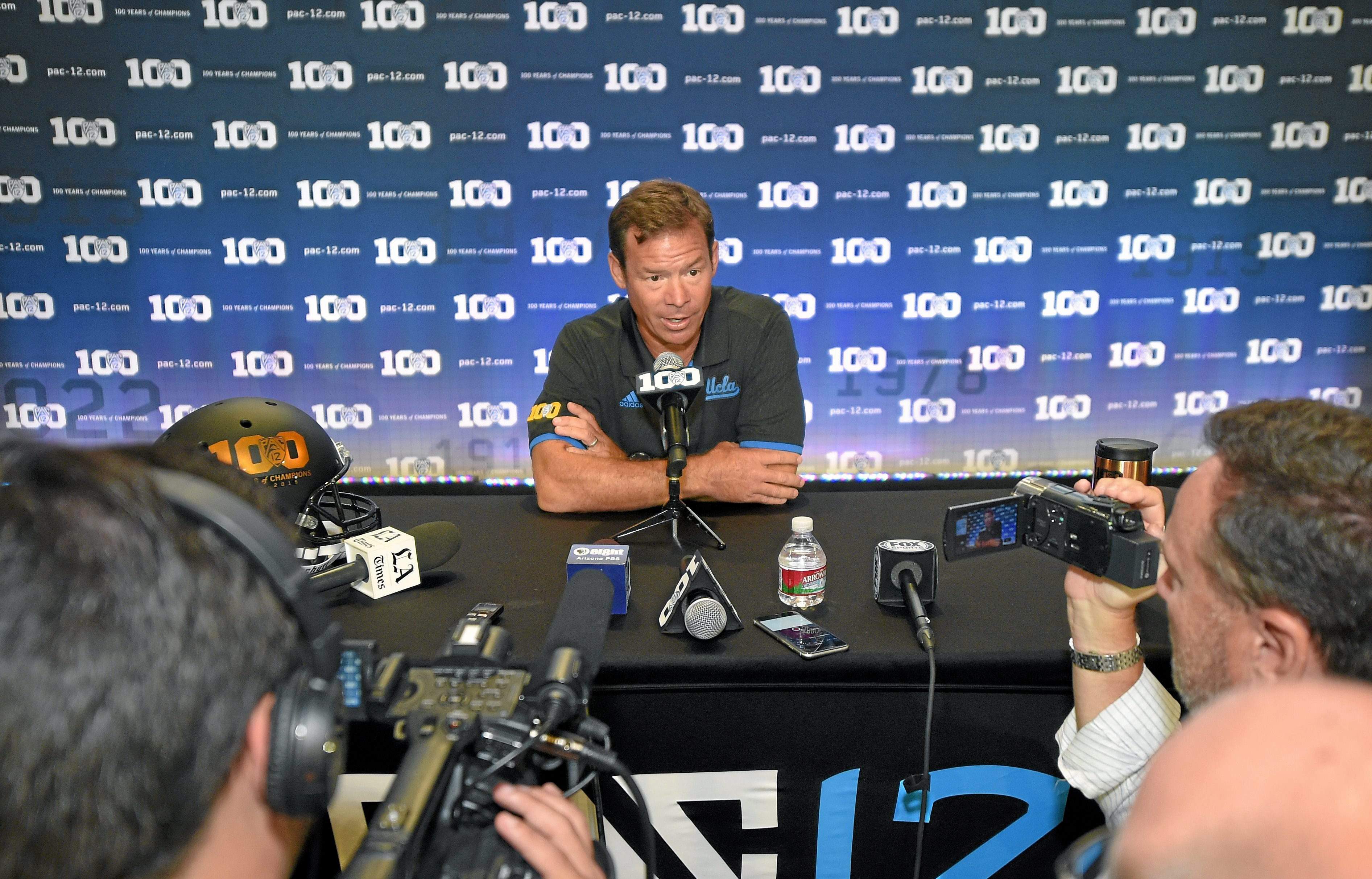 UCLA head coach Jim Mora speaks to reporters during NCAA college Pac-12 Football Media Days, Thursday, July 30, 2015, in Burbank, Calif. (Mark J. Terrill/AP) 