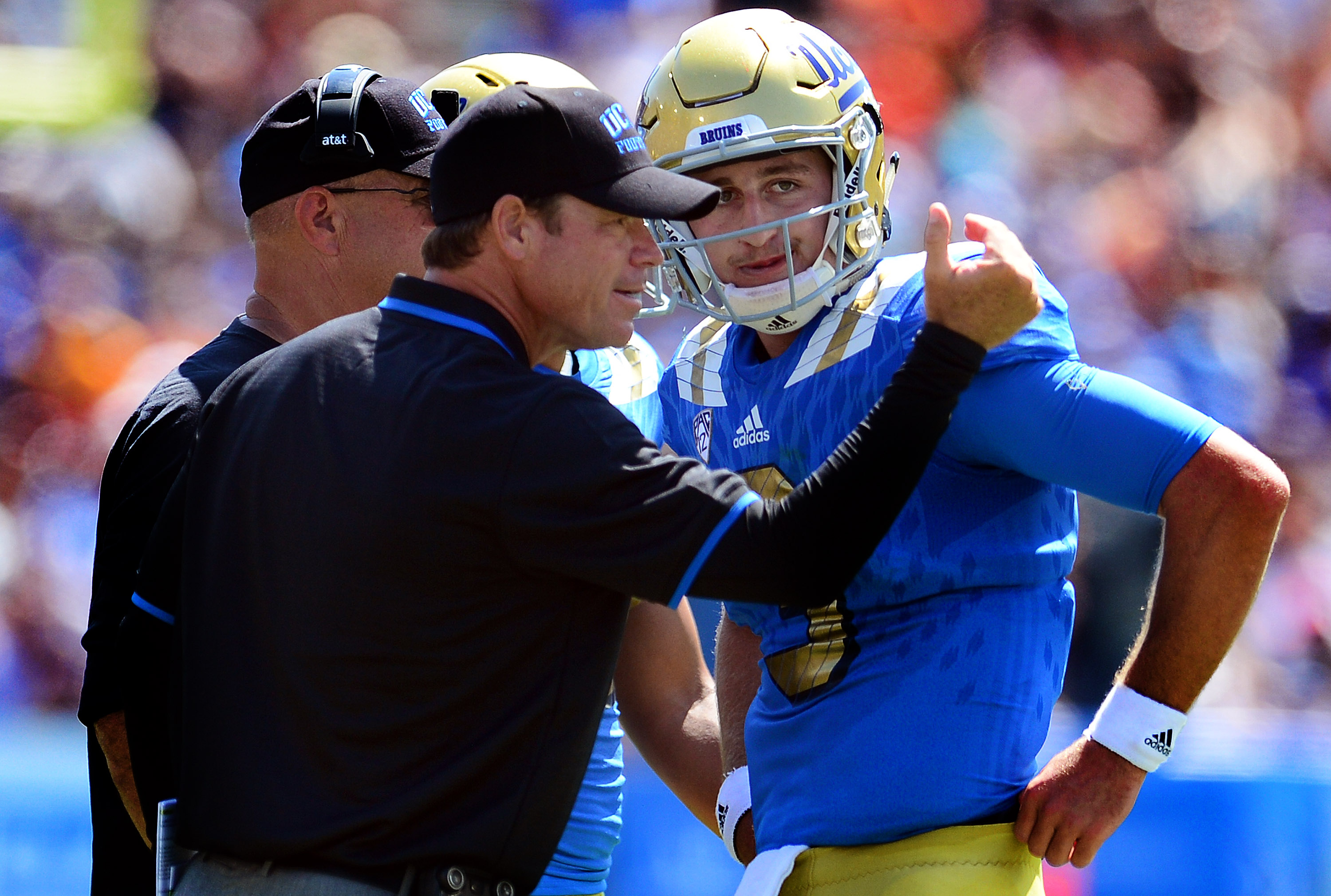 UCLA coach Jim Mora is leading a team with a true freshman quarterback for the first time. Josh Rosen has passed for 574 yards, four touchdowns and an interception in his first two games. (Keith Birmingham/Staff)
