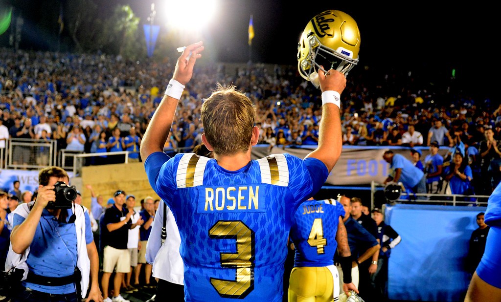 UCLA quarterback Josh Rosen threw three interceptions against BYU, but the Bruins held on for a 24-23 win at the Rose Bowl on Saturday. (Keith Birmingham/Staff)