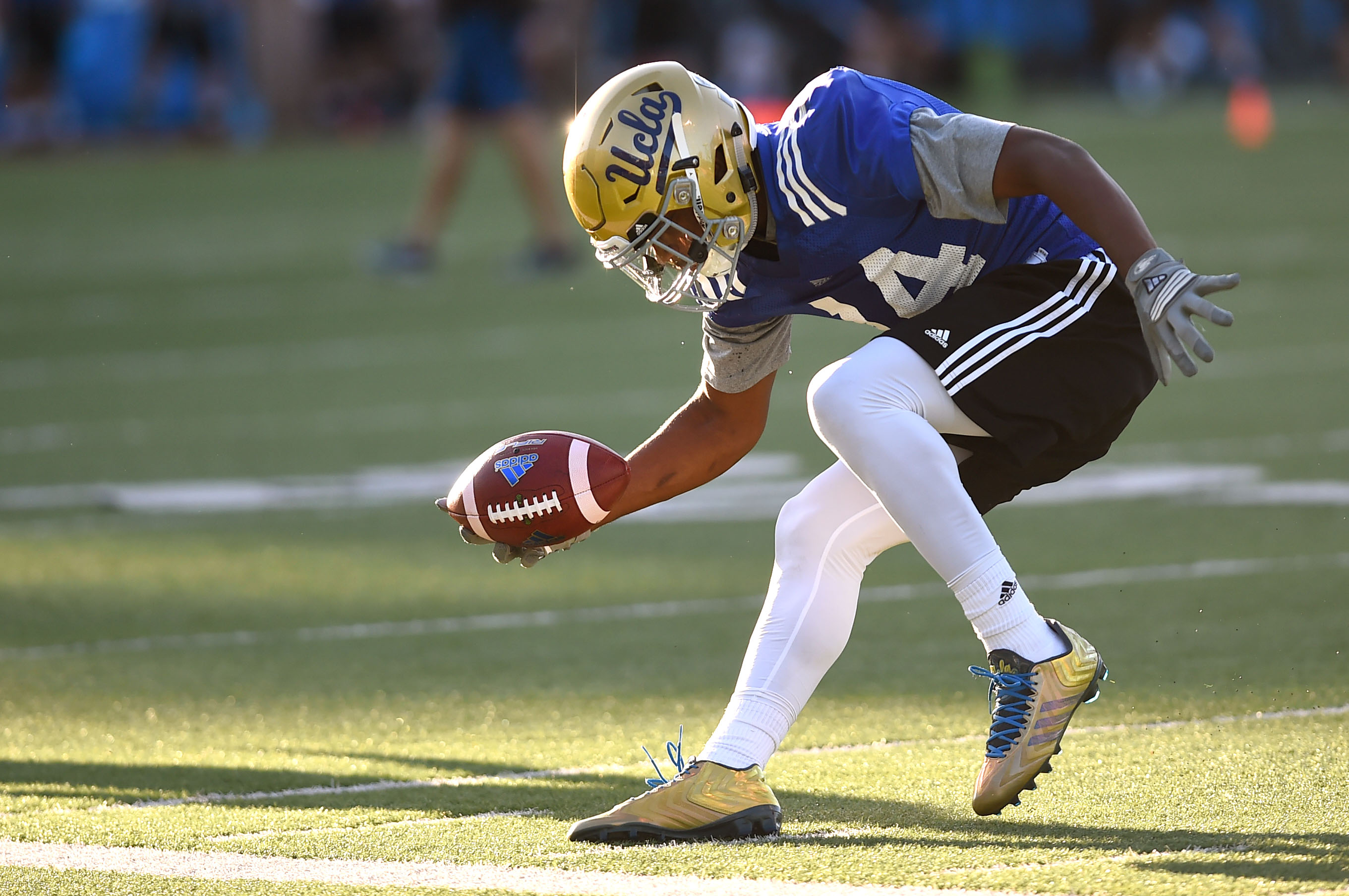 UCLA receiver Mossi Johnson is out for the season after suffering his second major knee injury in less than three years. (Andy Holzman/Staff)
