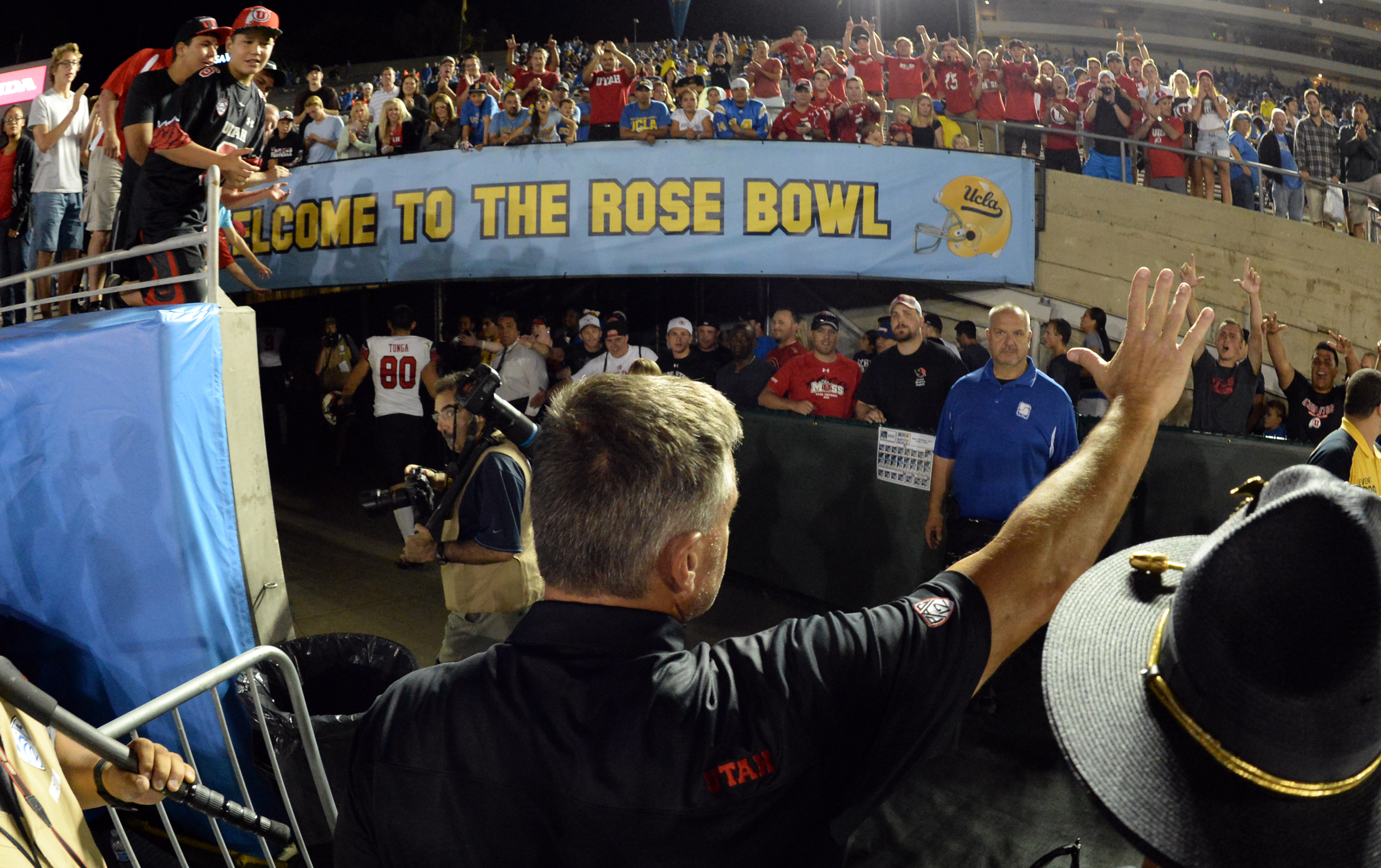 Utah coach Kyle Whittingham waves to fans after defeating UCLA, 30-28, at the Rose Bowl on Oct. 4, 2014. (Keith Birmingham/Staff)