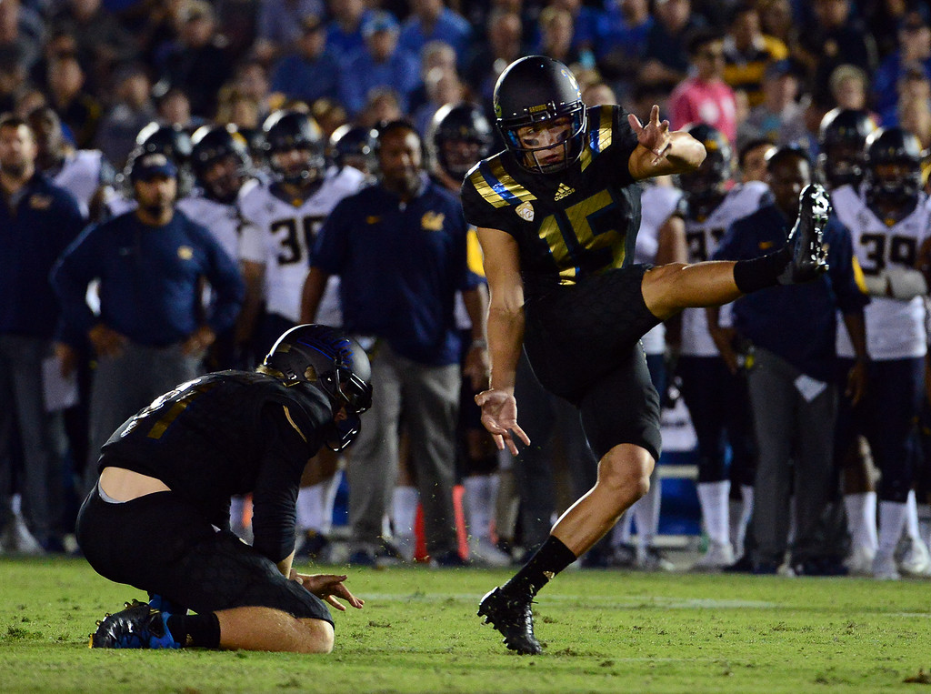 UCLA kicker Ka'imi Fairbairn (15) is one of 20 semifinalists for the Lou Groza Award. He is 13 of 14 on field goals, and made a career-high 60 yarder against Cal on Oct. 22, 2015. (Keith Birmingham/Staff)