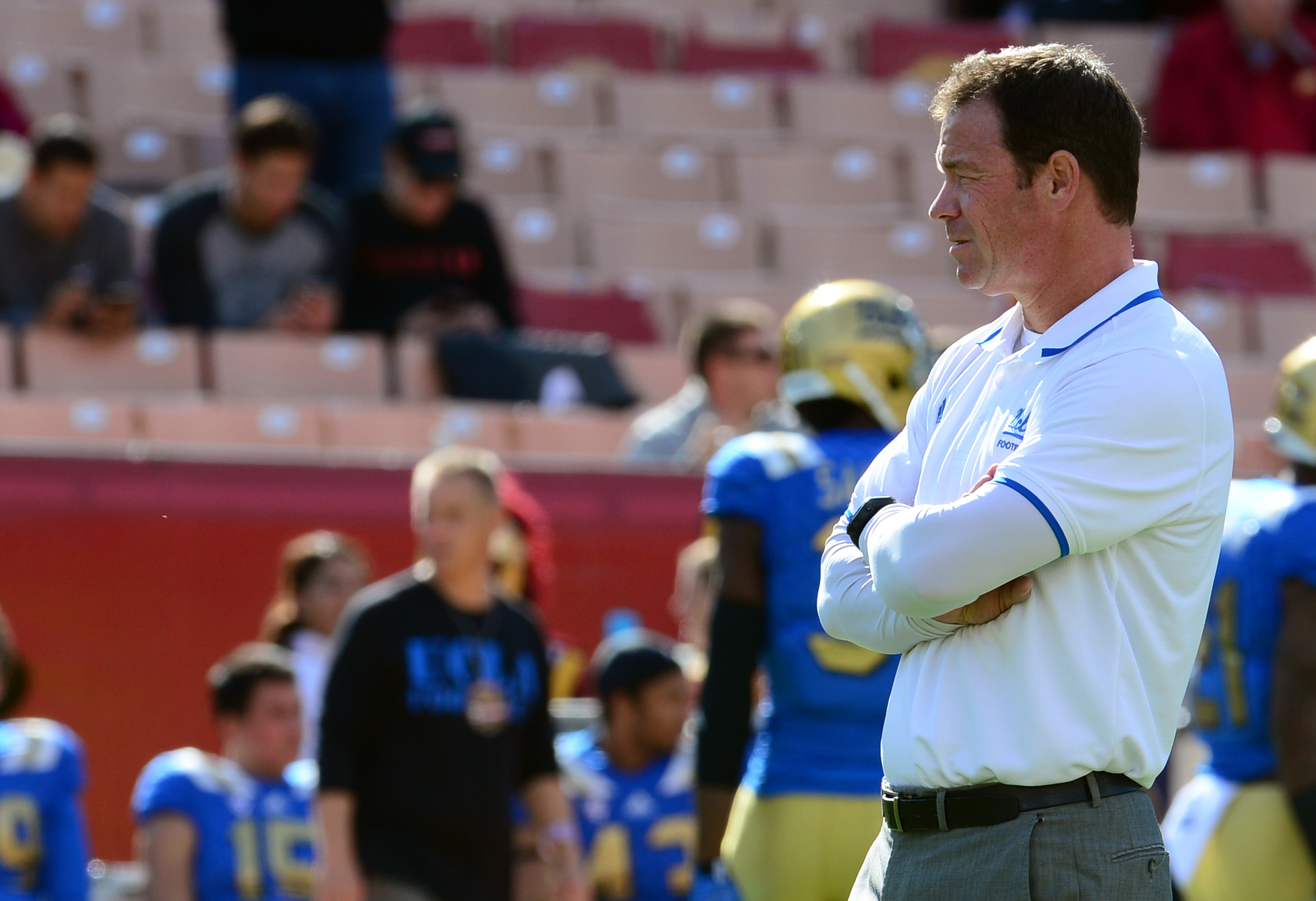 UCLA head coach Jim Mora prior to a NCAA college football game against UCLA in the Los Angeles Memorial Coliseum in Los Angeles, on Saturday, Nov. 28, 2015. (Photo by Keith Birmingham/ Pasadena Star-News)