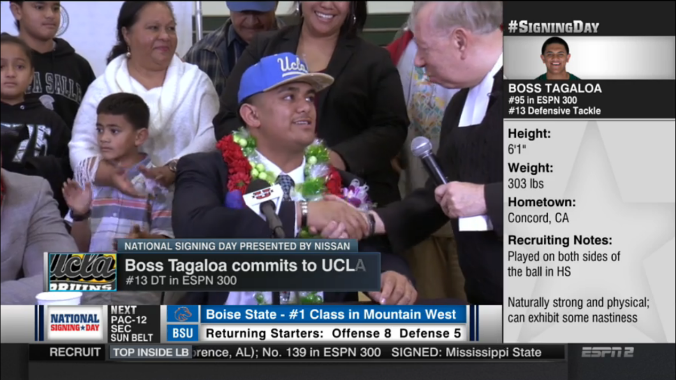 Four-star defensive tackle Boss Tagaloa announces his commitment to UCLA, capping a top-10 class for the Bruins.