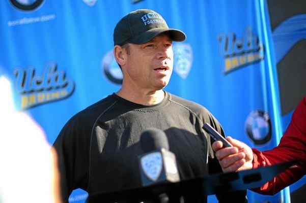 UCLA head coach Jim Mora talks to the media after the first day of spring practice. (Photo by Brad Graverson // Daily Breeze)
