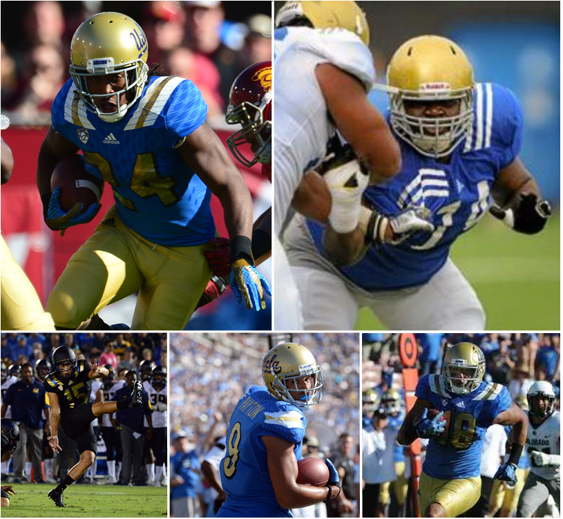 Some of the UCLA draft prospects still available heading into the final day of the 2016 NFL Draft. Clockwise from top left: Paul Perkins, Caleb Benenoch, Jordan Payton, Thomas Duarte, Ka'imi Fairbairn. Photos by Keith Birmingham (Pasadena Star-News) and Michael Owen Baker.