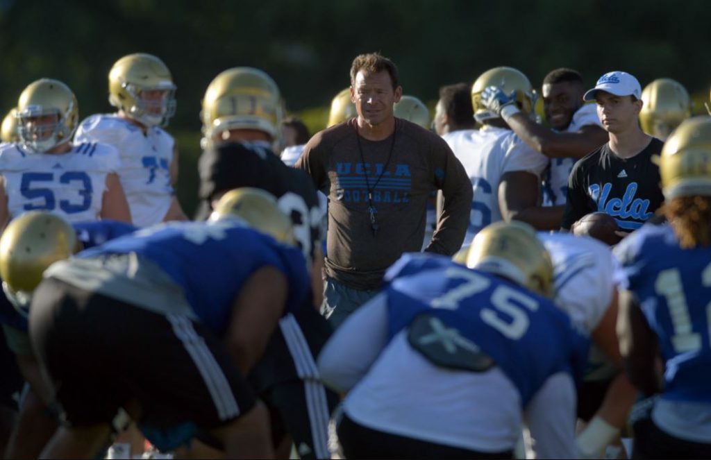 UCLA head coach Jim Mora watches over his team during football practice on the campus intramural field Wednesday, August 10, 2016, Westwood, CA. Photo by Steve McCrank/Staff Photographer)