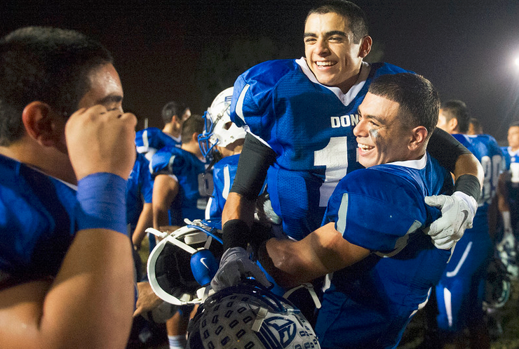 El Rancho players celebrate their win over California in their Del Rio League football game at El Rancho High School in Pico Rivera on Thursday October 30, 2014. El Rancho beat California 48-14. (Photo by Keith Durflinger/Whittier Daily News) 