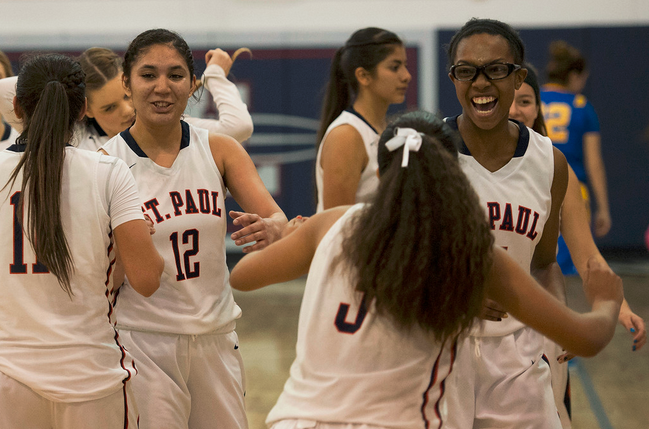  St. Paul players celebrate their win over Bishop Amat after their Del Rey girls basketball game at St. Paul High School in Santa Fe Springs on Thursday January 29, 2015. St. Paul defeated Bishop Amat 53-38. (Photo by Keith Durflinger/Whittier Daily News) 