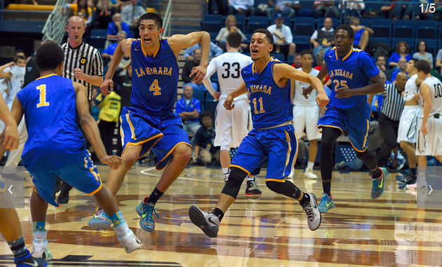 La Mirada’s Dylan Banks (1), Vittorio Reynoso-Avila (4), Anthony Newman (11) and Dezmon Murphy (25) celebrate as the final buzzer sounds at Haas Pavilion in Berkeley, CA on Saturday, March 28, 2015. 2nd half of CIF State Division 2 boys basketball final between La Mirada vs Archbishop Mitty. La Mirada won 71-70 in double overtime. (Photo by Scott Varley, Daily Breeze)