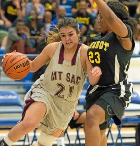 Mt. SAC’s Priscilla Lopez drives the baseline on Chabot’s Brianna Booker during Sunday’s CCCAA women’s championship game. photo by blaine ohigashi