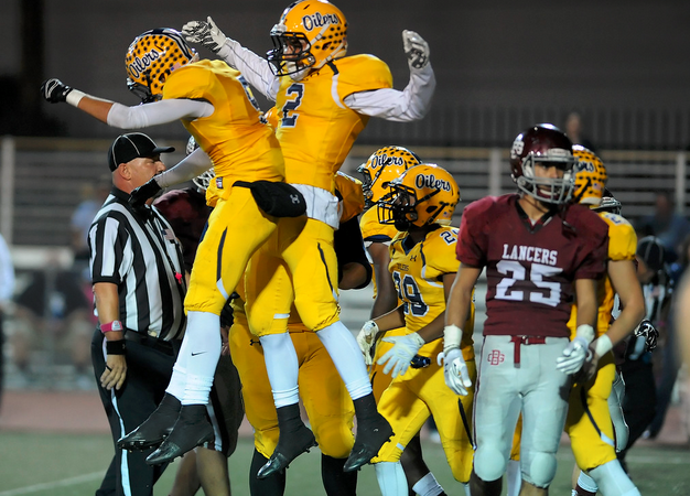 Montebello's Jose Teodocio (2) celebrates after scoring against Bell Gardens in the first half of a prep football game at Bell Gardens High School in Bell Gardens, Calif., on Friday, Oct. 30, 2015. (Photo by Keith Birmingham/ Pasadena Star-News)