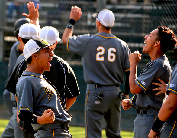 Santa Fe bench reacts after an RBI by Raul Ramirez (21) in the fifth inning of a prep baseball game against California at Rio Hondo College in Whittier, Calif., on Wednesday, March 30, 2016. Santa Fe won 1-0. (Photo by Keith Birmingham/ Pasadena Star-News)