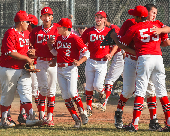 Whittier High School baseball team celebrates after getting the final out with the base loaded of Santa Fe runners. Whittier won 2-1 against Santa Fe High baseball team at Santa Fe Springs Friday April 29, 2016.(Photo by Walt Mancini/Pasadena Star-News)