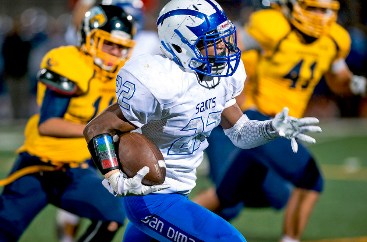 San Dimas High RB Jarell Sykes (#22) heads for a first half touchdown vs California High at the Condors' Whittier, Calif. campus field Sept. 29, 2016. (Photo by Leo Jarzomb, SGV Tribune/ SCNG)